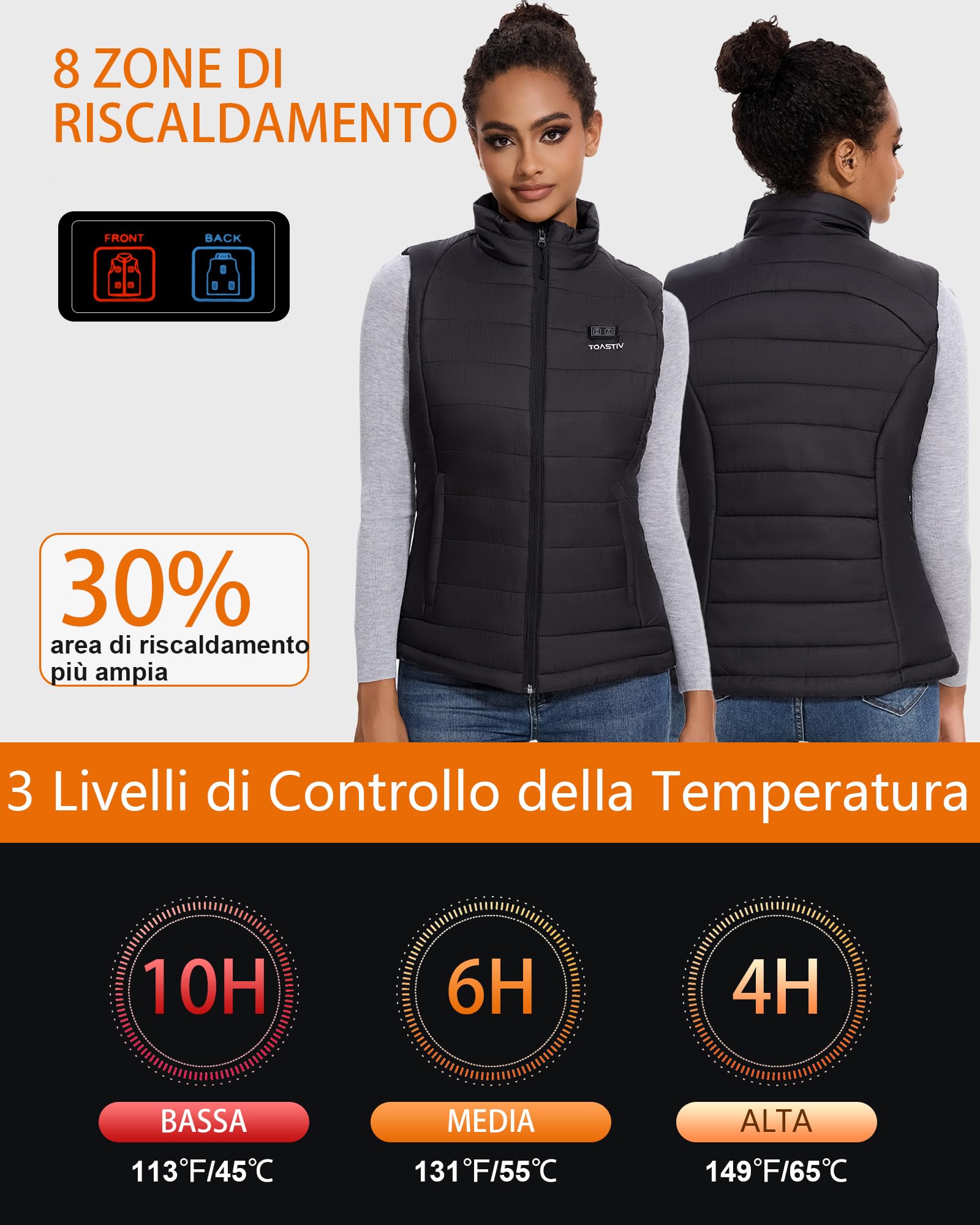 Gilet Riscaldato Donna con Batteria 16000mAh, Gilet Riscaldato con 8 Zone di Riscaldamento e 3 Livelli di Calore Regolabili, Gilet Riscaldato Elettrico Lavabile per Attività All'aperto