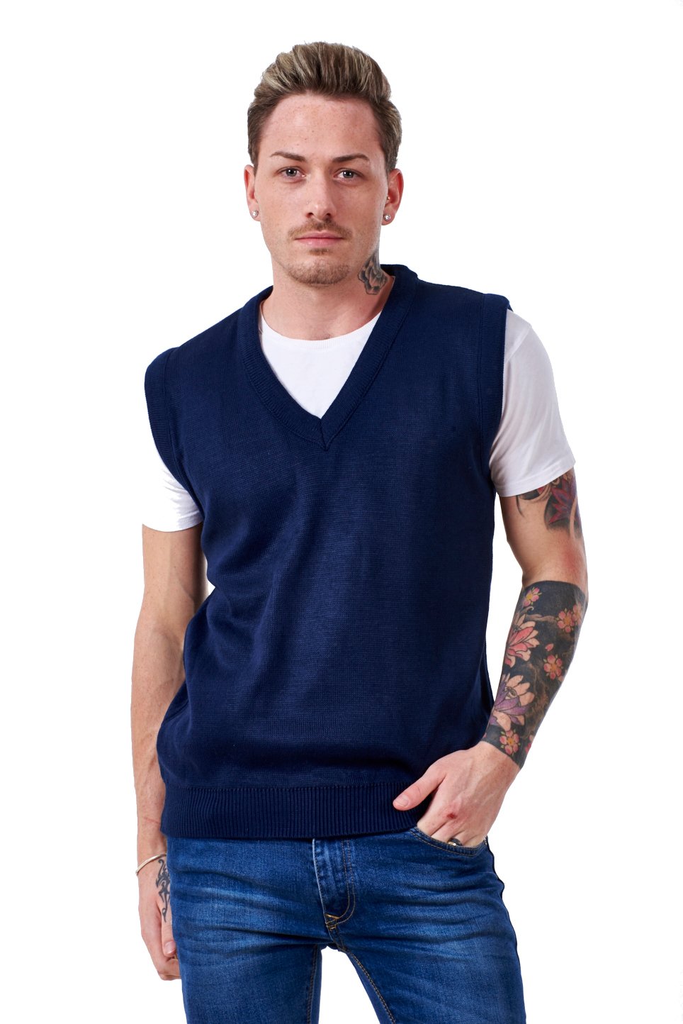 Malay Men’s Plain Knitted V Neck Classic Sleeveless Cardigans Tops Tank Jumpers Size S to 5XL (XXXXX-Large, Navy)