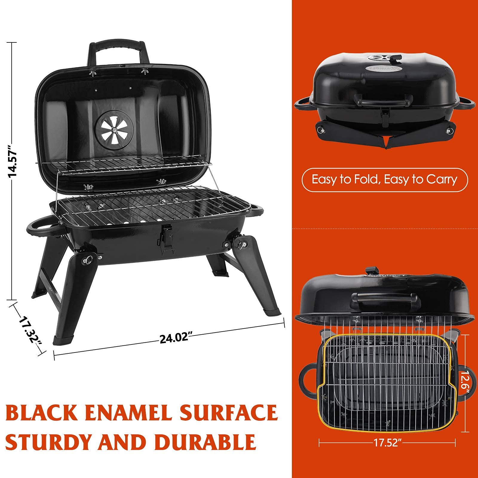 Parrilla de carbón portátil para barbacoa con tapa, parrilla de mesa plegable para acampar y cocinar al aire libre, 18 pulgadas
