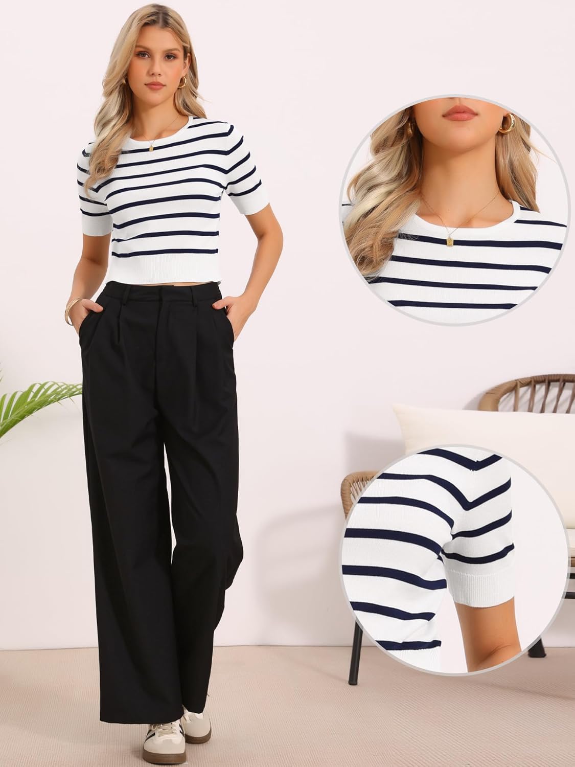 Allegra K Short Sleeve Striped Top for Women Crew Neck t Shirts 2026 Summer Knit Casual Cropped Pullover Sweater - Image 4