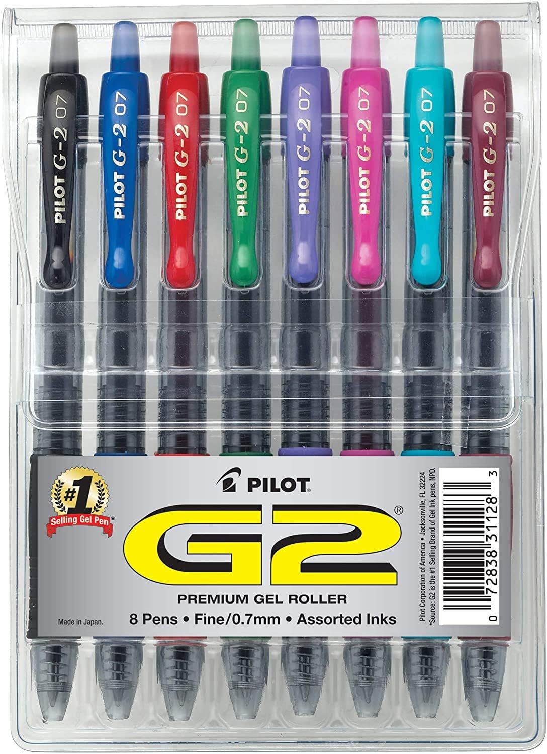 PILOT G2 Premium Refillable & Retractable Rolling Ball Gel Pens, Fine Point, Assorted Color Inks, 8-Pack Pouch(1 Pack) (31128)