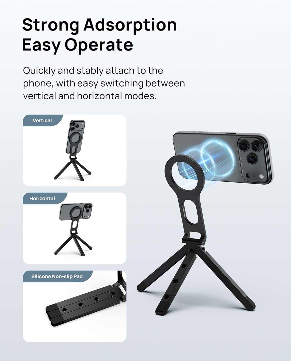 SODI Magnetic Phone Tripod Stand for iPhone - Strong Magnet Foldable Cell Phone Stand for Vlog, Gym, Travel Essentials, Mini Tripod Phone Stand Compatible with iPhone 17 16 15 14 13 12 Series (Black)
