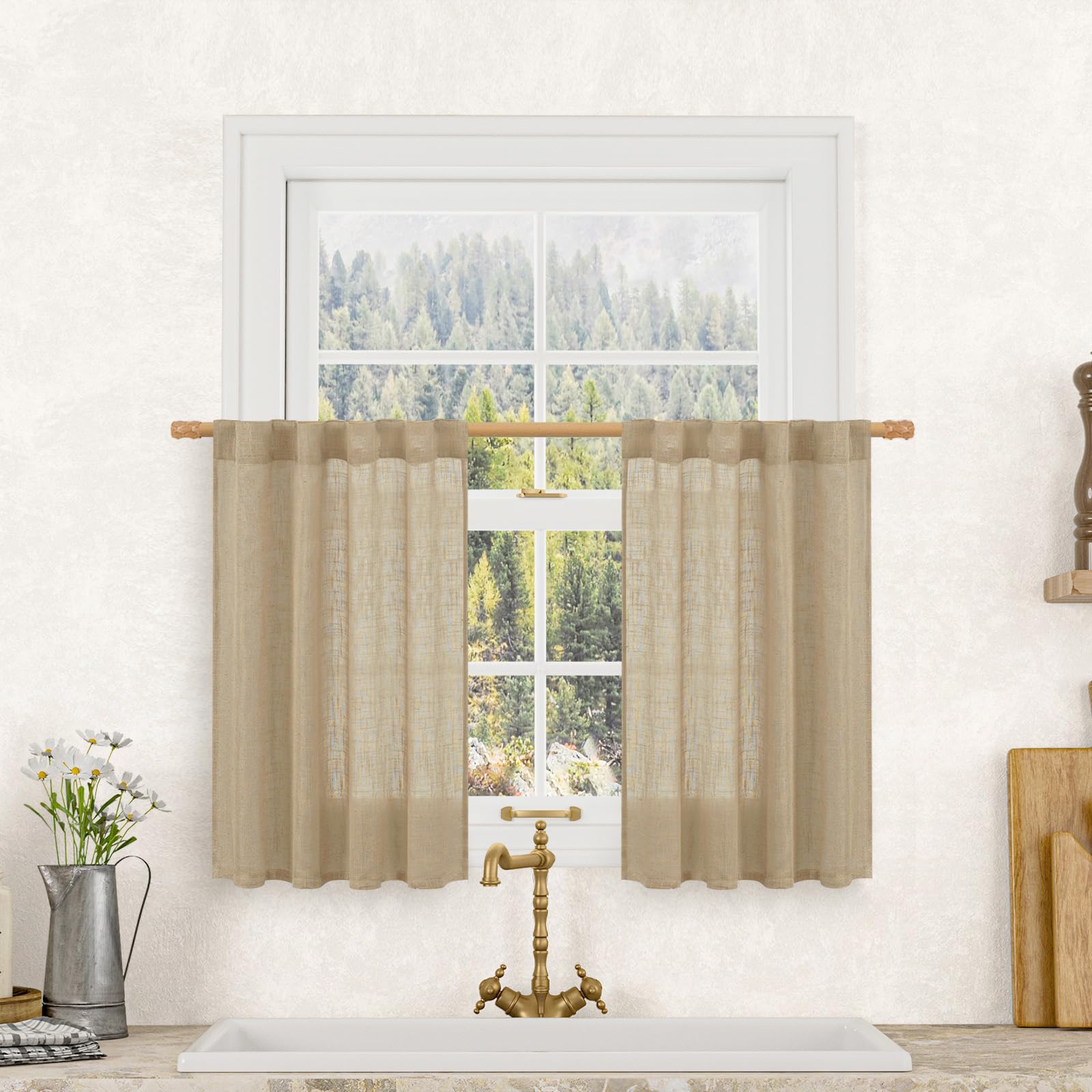 LAMIT Semi Sheer Linen Curtains 36 Inch Length for Cafe, Light Filtering Panels Back Tab and Rod Pocket Neutral Drapes for Bathroom/Kitchen/Loft Room, 25 x 36 Inch, Brown, 2 Panels