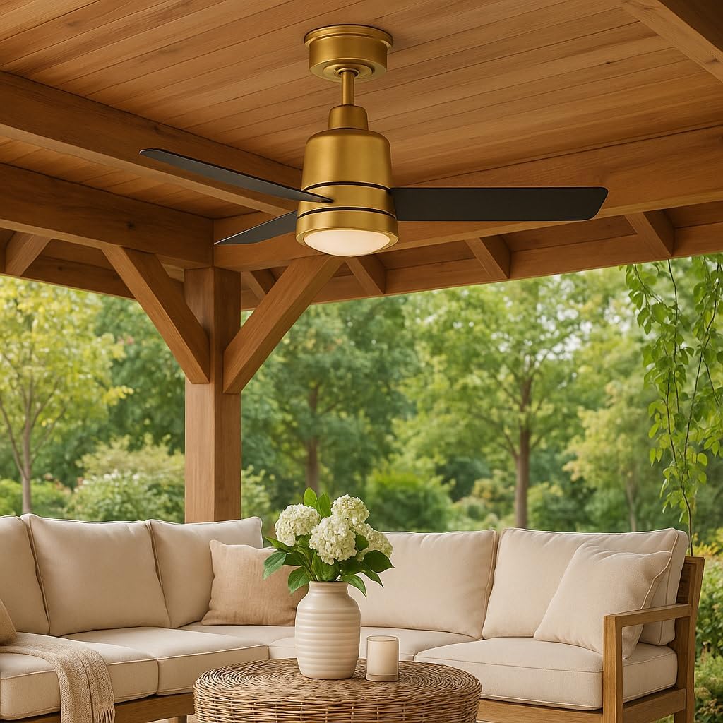 Hinkley Chet 36" Indoor/Outdoor Smart Ceiling Fan with Remote, Modern, Compact Style, Composite Fan Blades, Heritage Brass and Black blades
