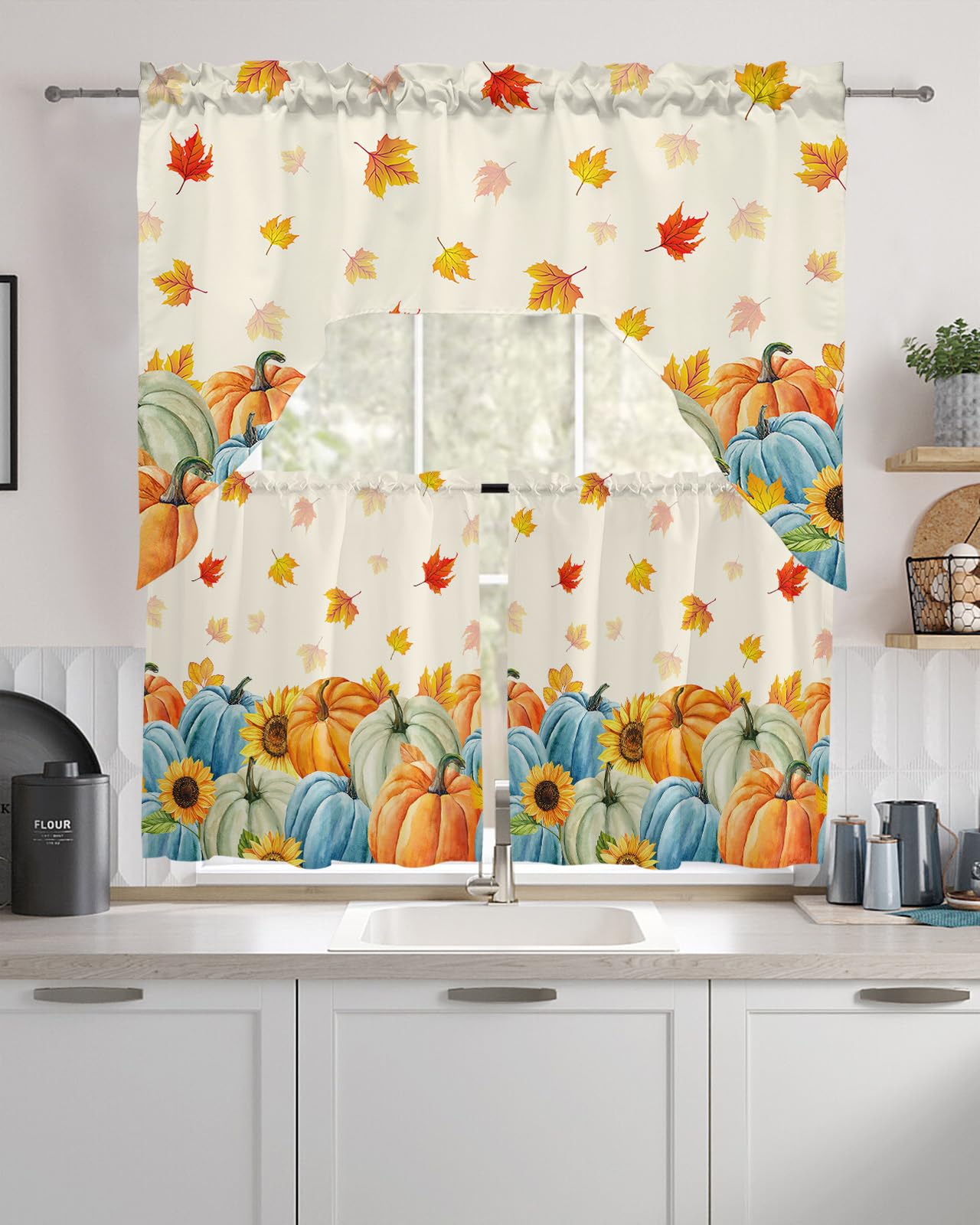 Thanksgiving Fall Swag Kitchen Curtain Sets with Valance,3 Pieces Rod Pocket Curtain Drapes for Bedroom Living Room Bathroom Cafe Windows,Colored Pumpkins Maple Leaves 56''x36'' & 24''x27.5''x2Panels