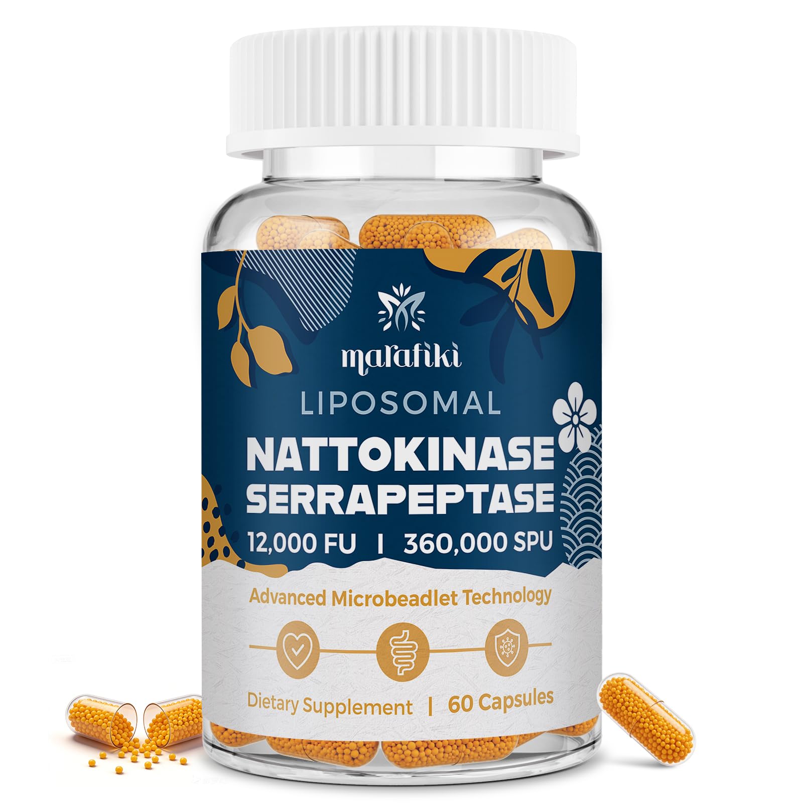 Marafiki Suplemento de Multi-enzimas com Nattokinase 12.000 FU e Serrapeptase 360.000 SPU, 60 cápsulas
