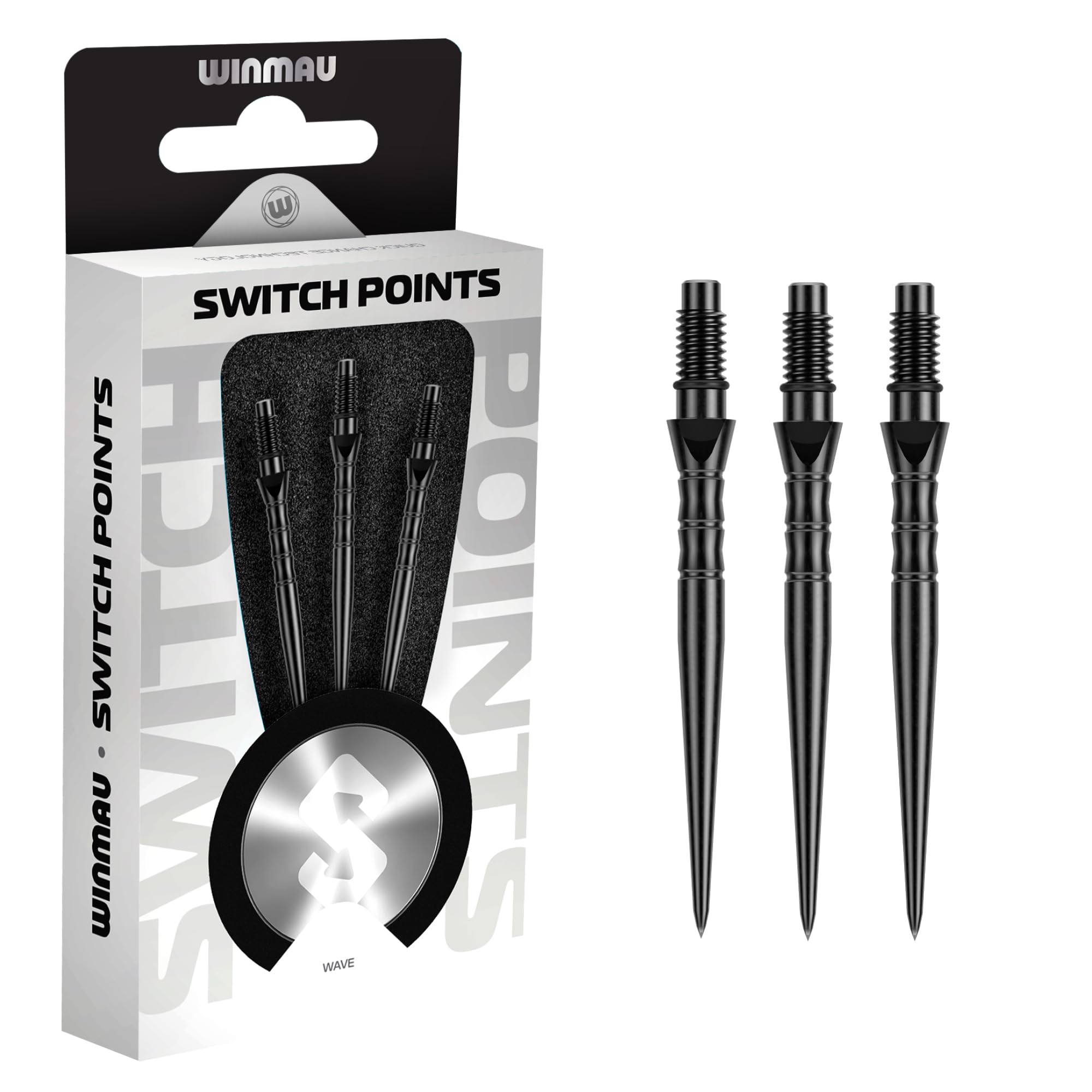 WINMAU - Switch Points - Carbon Steel Tip - Threaded Rapid-Change Mechanism - 1 Set per Pack - Wave Black Effect 30mm - Professional Darts Accessories