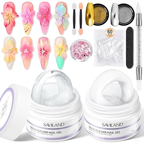 SAVILAND Gel de uñas sólido antiadherente avanzado transparente y blanco para esculpir instantáneamente 3D, gel para esculpir uñas con polvo de cromo