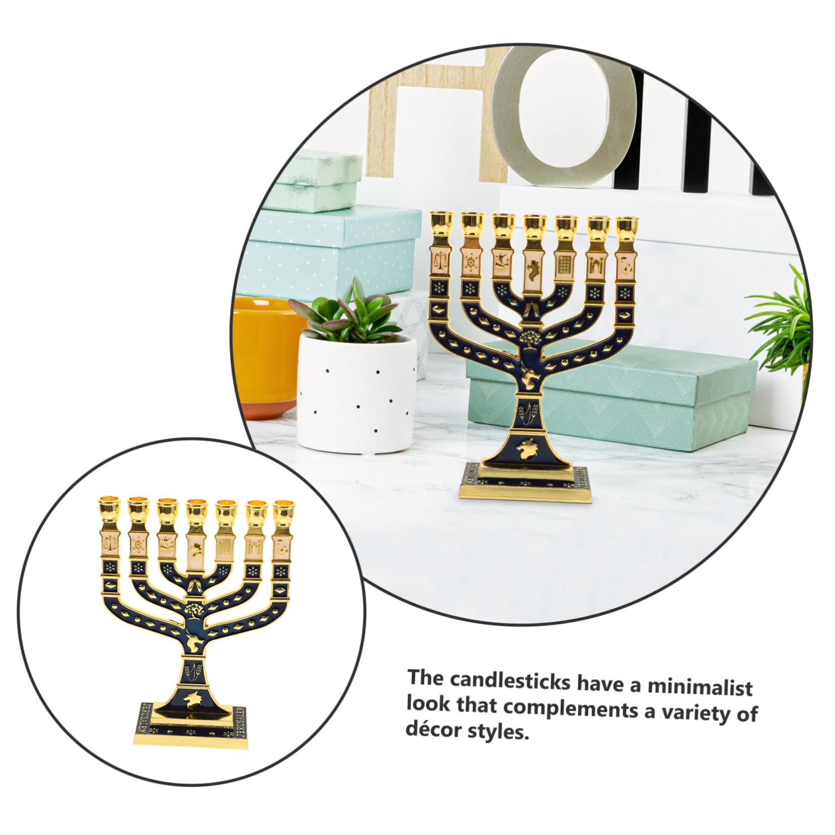 GARVALON Candeliere Ebraico da Tavolo in Lega di Alluminio Blu Design a 7 Bracci Elegante per Cerimonie Religiose e Decorazione della Tavola in Ambito Familiare
