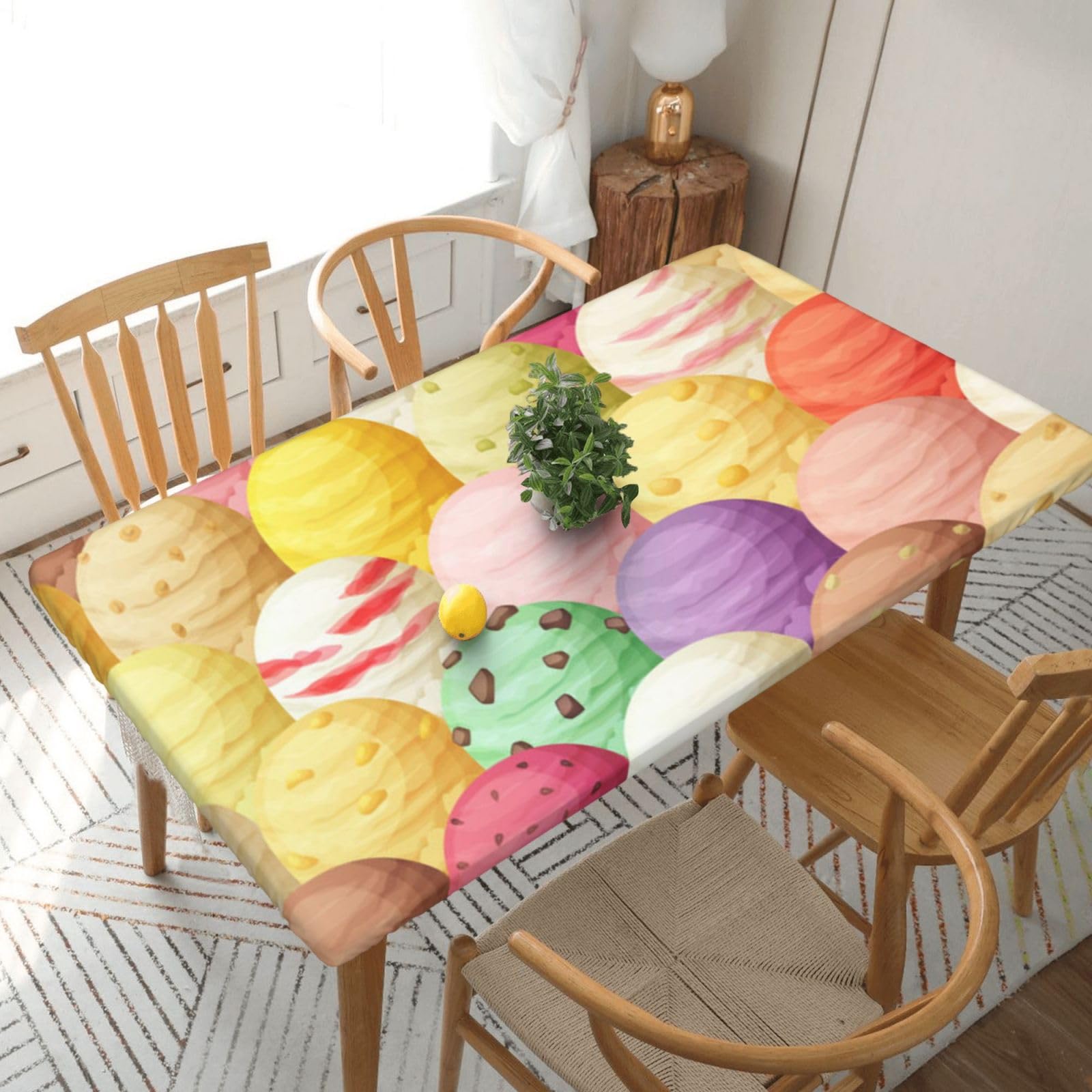 DCEHGEW Elastic Fitted Rectangle Tablecloth for 5ft Tables, Ice Cream Printed Oilproof & Washable Fabric Picnic Table Cloth Table Covers
