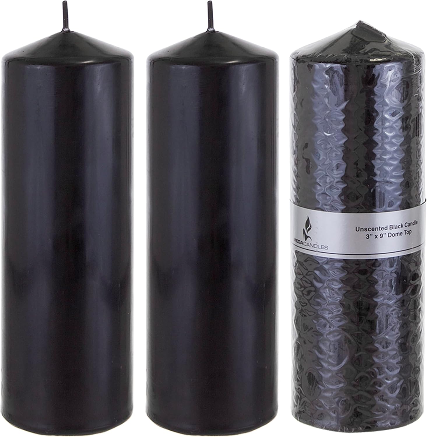 Mega Candles 3 pcs Unscented Dome Top Black Pillar Candles, Pressed Premium Wax Candle 3 Inch x 9 Inch, Home Décor, Weddings, Parties, Festivities, Occasions, Florists, Events, Prayers, Memorials