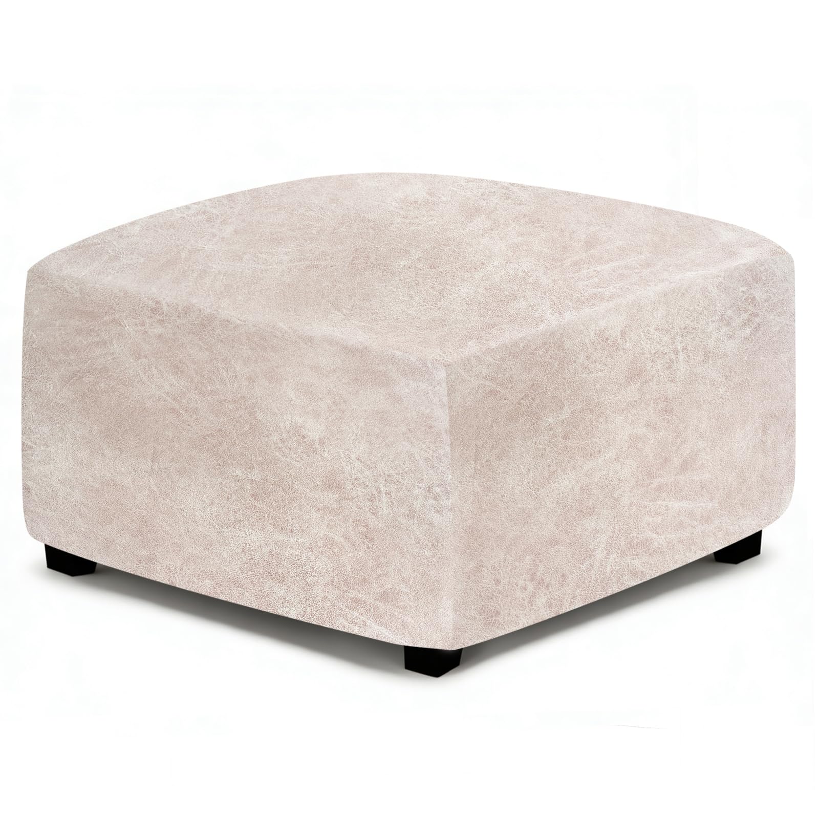ANARACHON Leather Like Ottoman Cover, Stretch Small Square Ottoman Covers, Rectangular Ottoman Slipcovers with Removable Washable Non-Slip Elastic Bottom for Footstools (02 Beige, Medium)