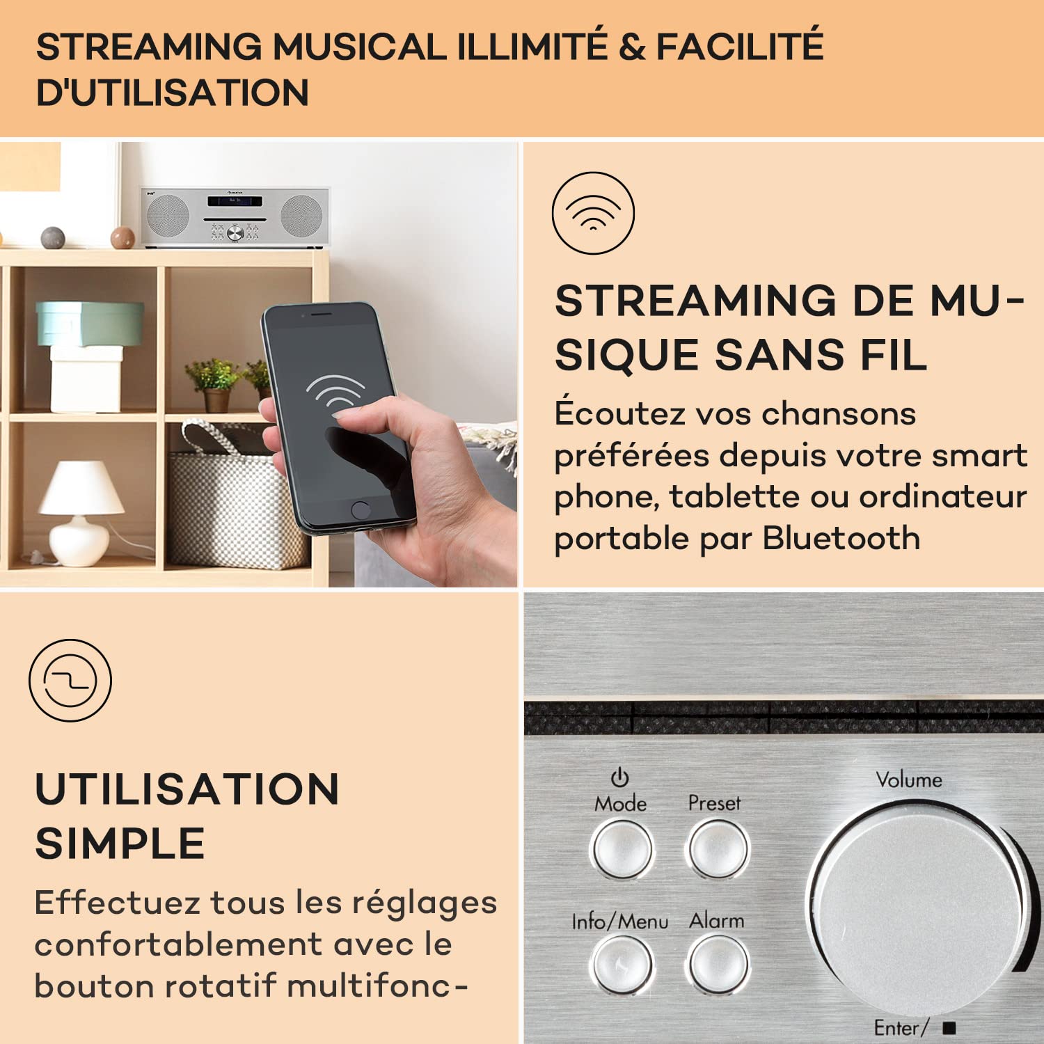 Auna Silver Star Radio Portable CD, Chaine HiFi, Poste Radio Numérique Dab/Dab+/FM et Streaming, Radio Portables Stéréo, Écran LCD, Radio FM, MP3, Port AUX, Alarme Reveil, Lecteur CD Bluetooth