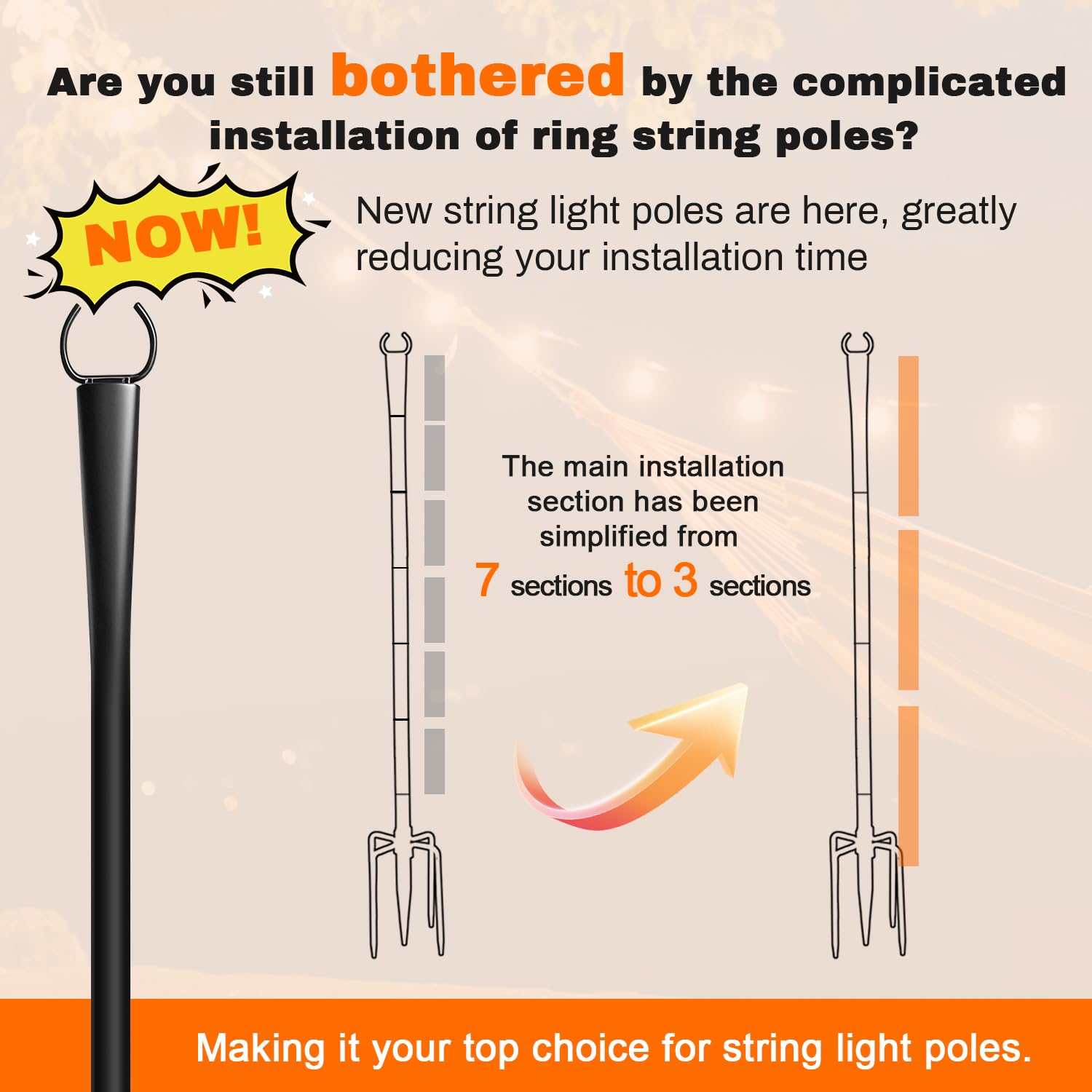 Lot de 4 guirlandes lumineuses de 3 m, poteaux en métal avec fourchette pour lumières extérieures, support d'éclairage extérieur en métal avec supports de clôture, lampes suspendues pour