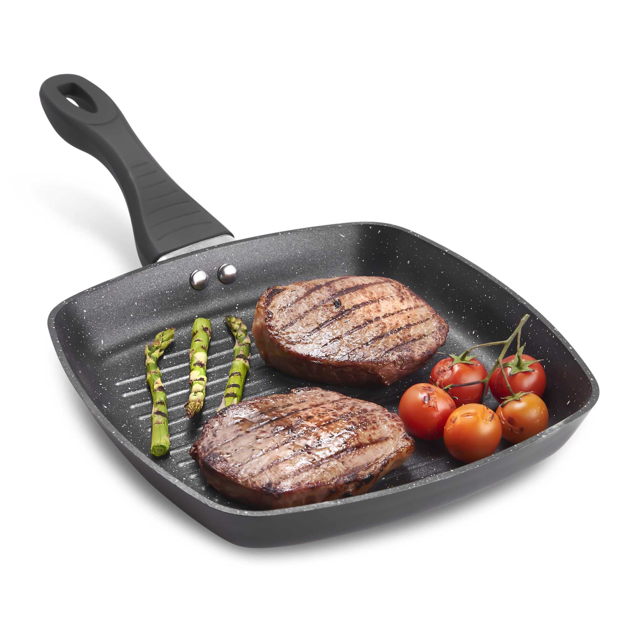 Sovereign Stone Griddle Pan with Ergonomic Handle/Non-Stick Steak Grill Pan/Marble Effect, Stay Cool Handle, Safe for All Hobs Including Induction (25cm)