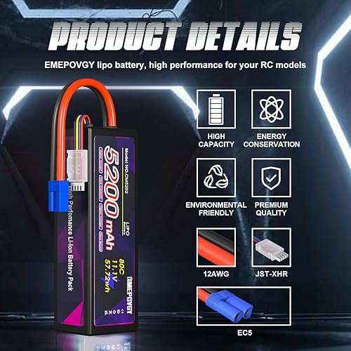 Miniatura 2 de 11.1V Lipo Battery 3S 5200mAh 80C Lipos Estuche rígido con conector EC5 para coches RC camiones 18 110 vehículos RC