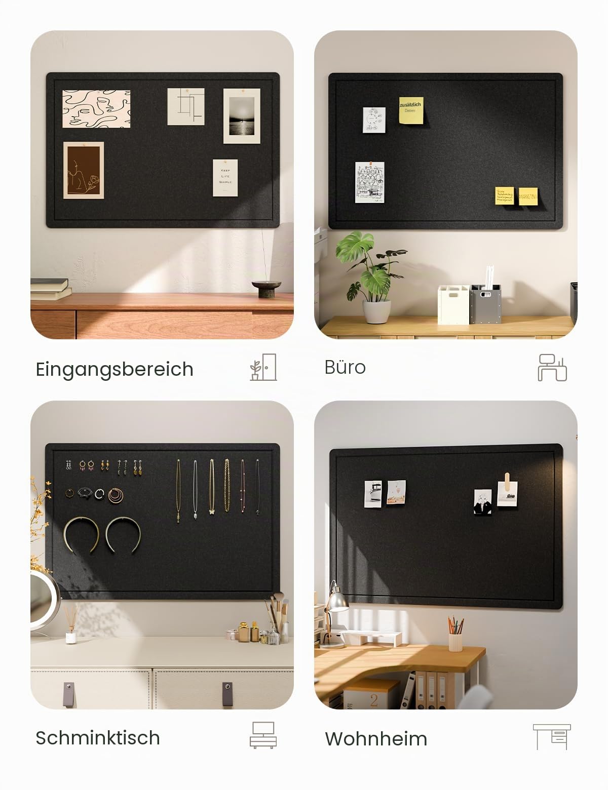 Fluxynara Filz Pinnwand 90 x 60 cm, Korktafel-Alternative mit 12 abnehmbaren Klebepads, faltbares Filz-Memoboard, Visionboard & Fotowand für Büro, Homeoffice, Kinderzimmer & Flur — Schwarz
