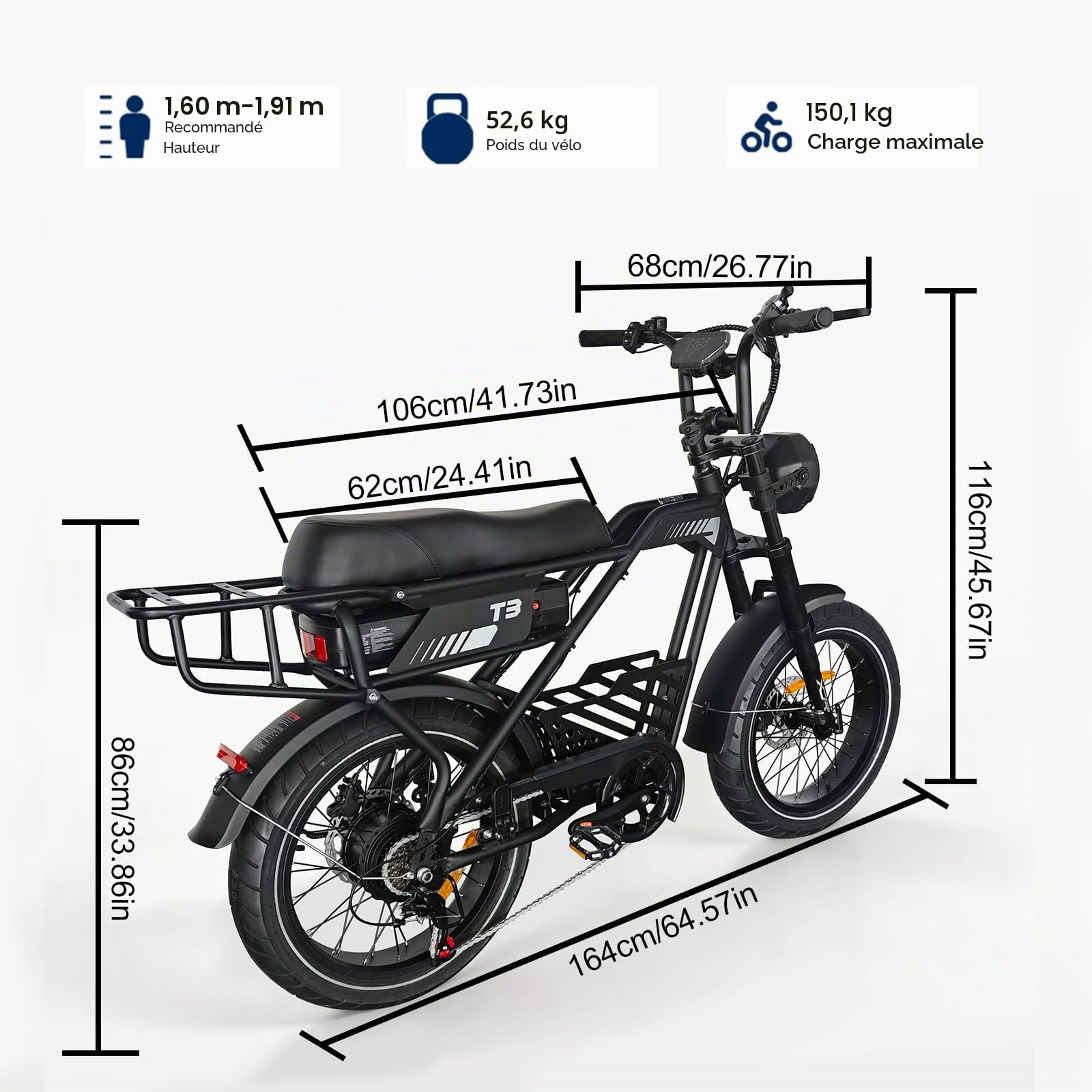 T3/T7 Vélo électrique pour adultes, 20"×4.0 pneus Fat E-Bike avec 48 V 20 Ah Batterie amovible, 25 KM/H, 80-150 M Autonomie 7 vitesses, suspension hydraulique