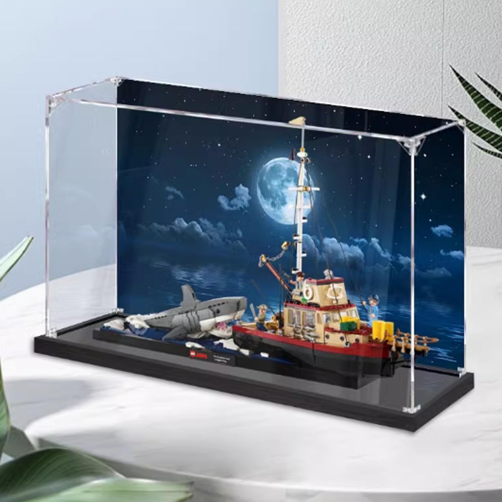 Espositore in acrilico, compatibile con Lego 21350 Jaws Killer Whale, antipolvere, trasparente, scatola portaoggetti (solo vetrina) (sfondo dipinto)