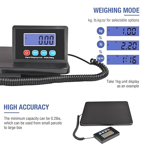 Miniatura 3 de Surmountway Báscula de envío digital, báscula postal de 440 libras con función de sujecióntara, báscula digital de alta precisión con pantalla LCD,