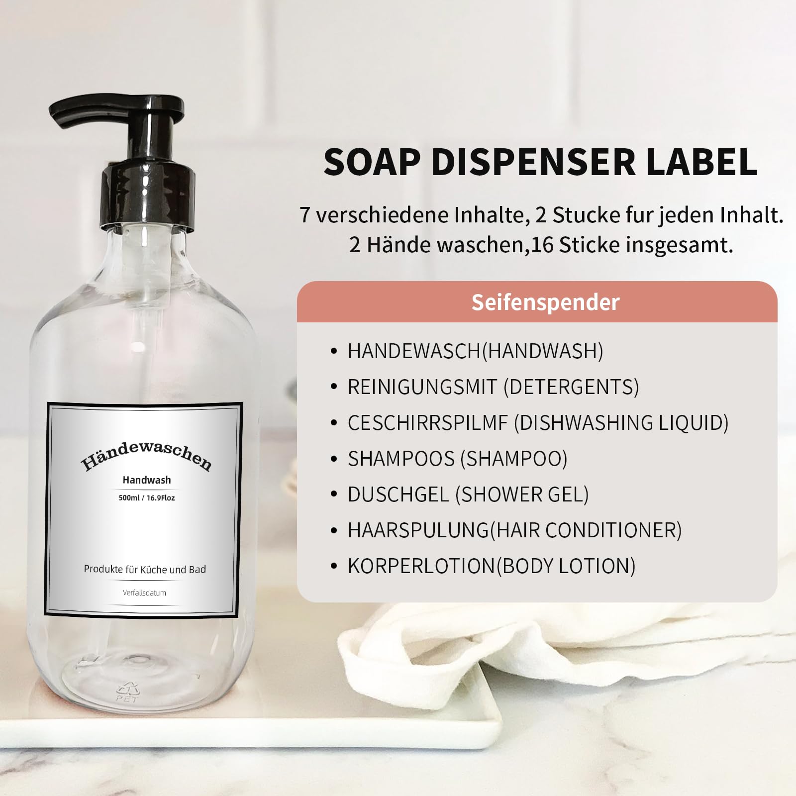 2 Dispenser Sapone Da 500ML Per Bagno - Flaconi Con Pompa Per Shampoo, Bagnoschiuma E Detersivi - Foto 3