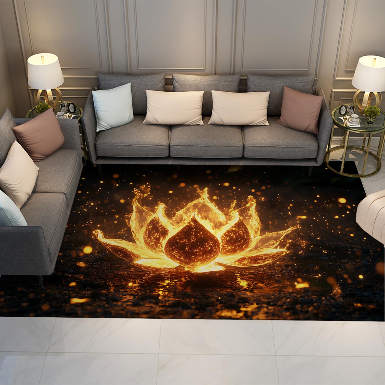 Tapis floral lotus doré 120x240cm avec lanterne intérieur extérieur pour cuisine chambre