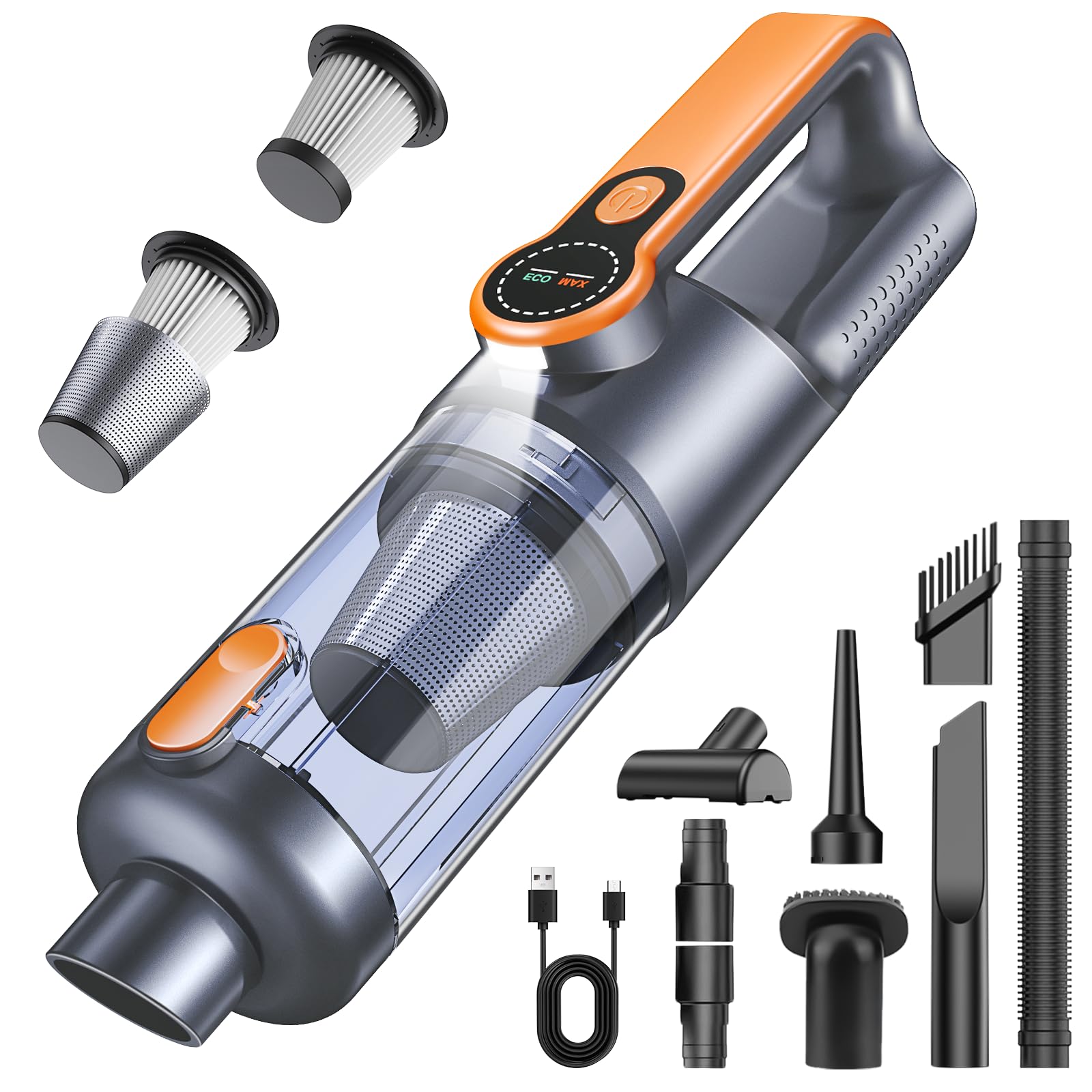 Aspirador de Mano, 17000Pa Aspirador Sin Cable Potente, Descarga de Polvo con un Solo Toque, Motor Sin Escobillas, Ffunción 4 en 1 Aspirador Coche, con Pantalla HD e Iluminación LED, Naranja