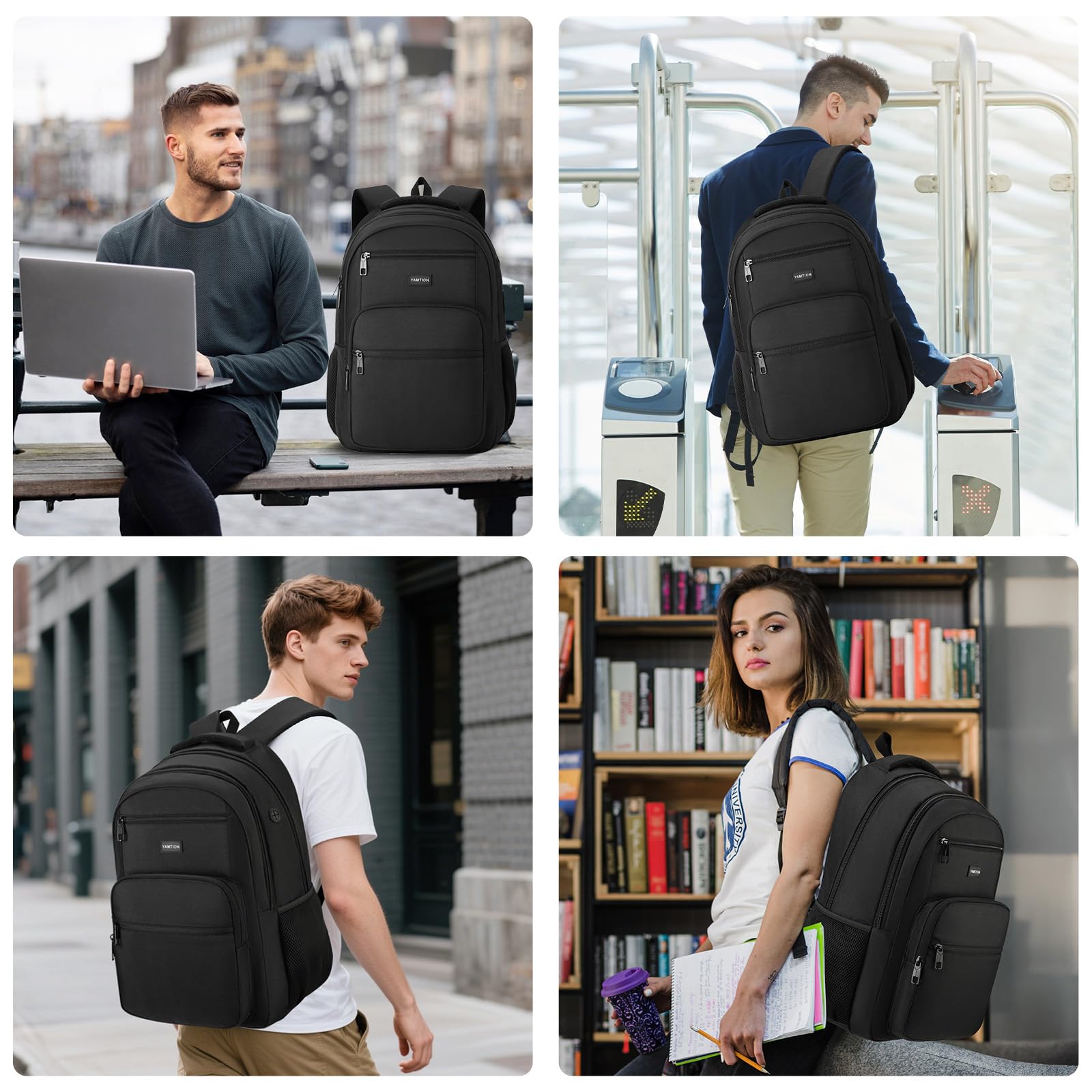 YAMTION Zaino per computer portatile per uomini e donne, nero, zaino per la scuola per ragazzi e ragazze, zaino da lavoro, con porta di ricarica USB, adatto per laptop e notebook da 15,6 pollici