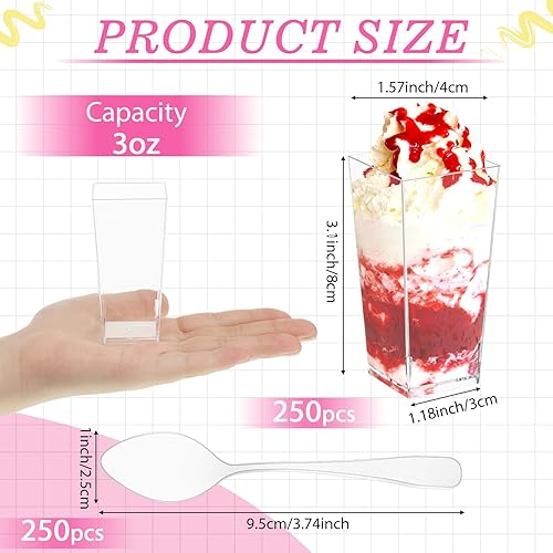 Miniatura 2 de Paquete de 250 vasos de postre de plástico de 3 onzas con cuchara, vasos cuadrados transparentes para aperitivos, mini vasos desechables para