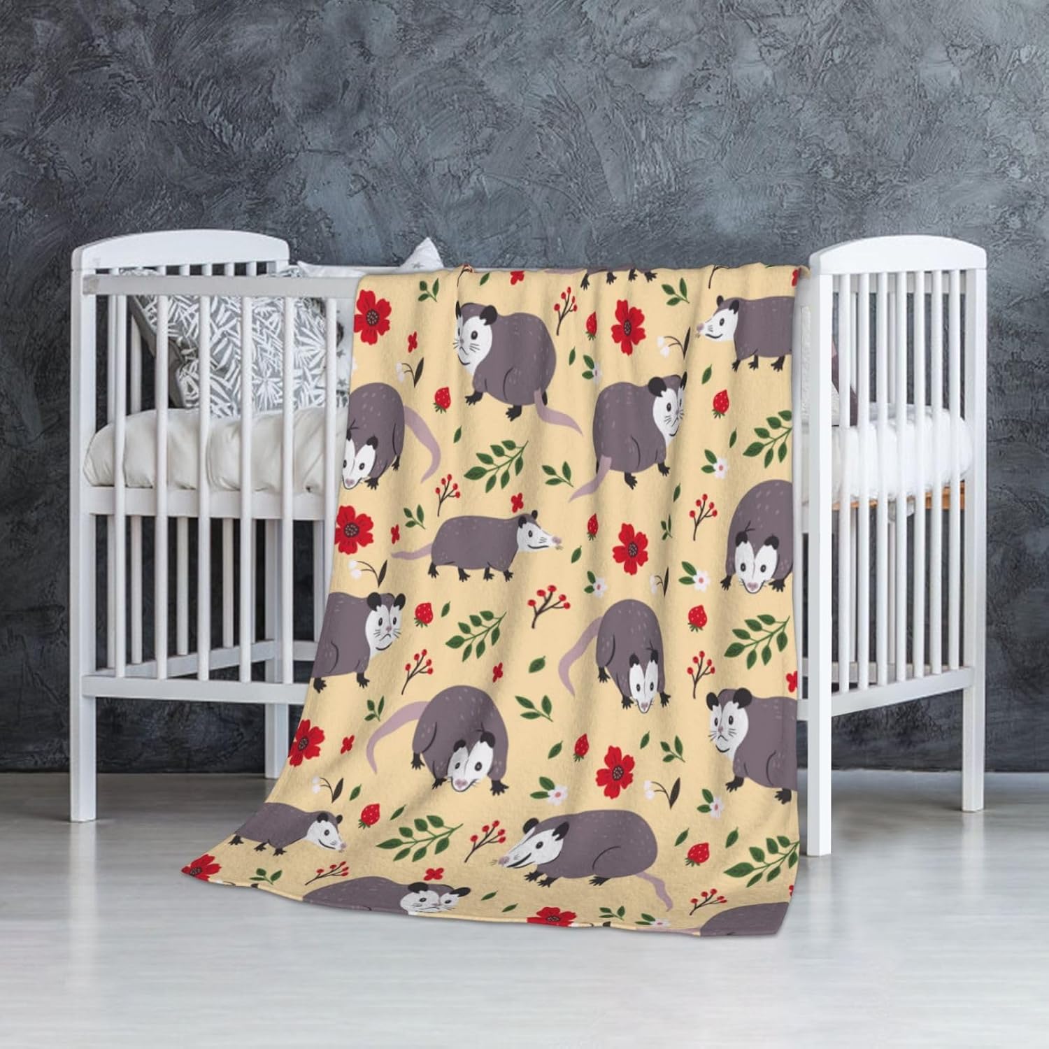 Opossum Throw Blanket for Human, 60" x 50" Flannel Cute Opossums Themed Yellow Throw, Soft Nap Throw Blanket for Home Boys Girls Women Possum Lovers Gifts