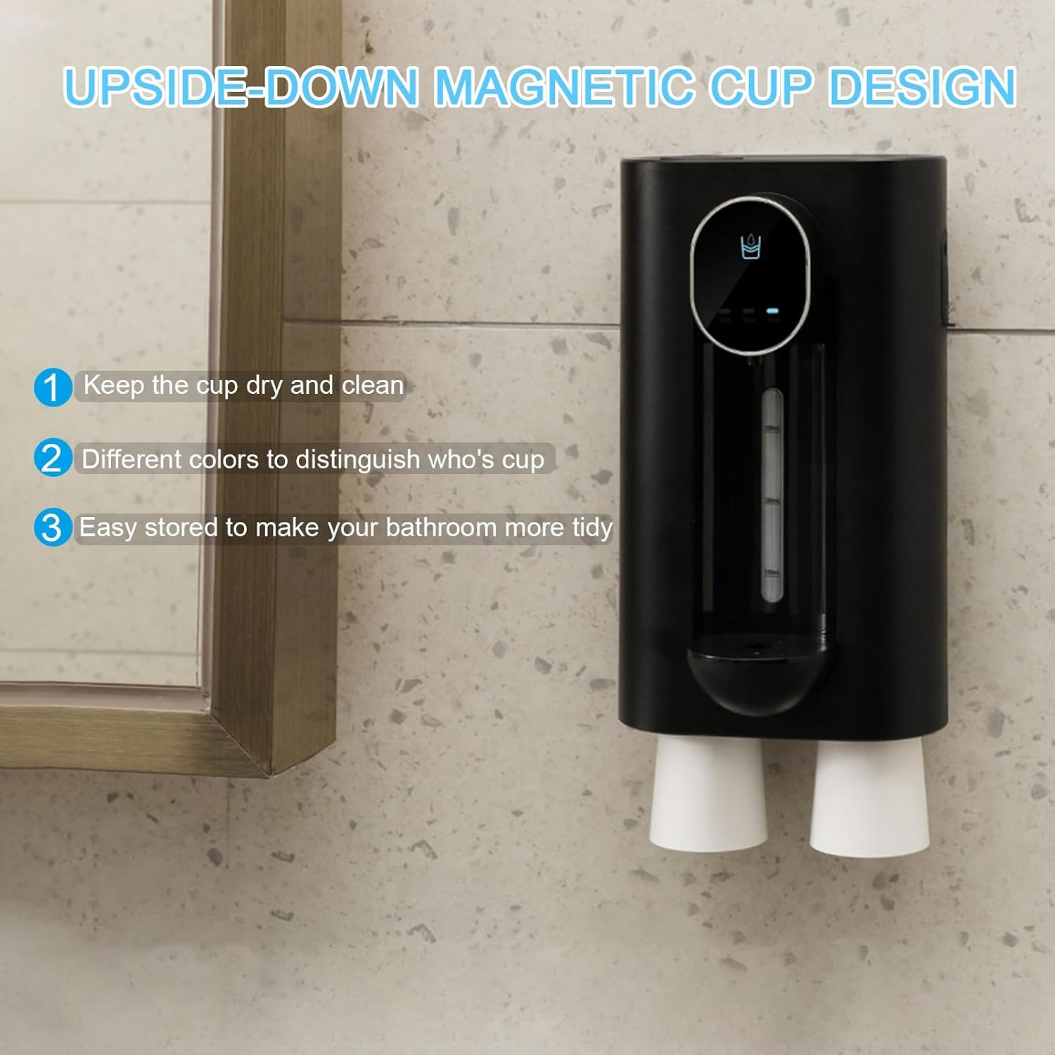 Automatic Mouthwash Dispenser for Bathroom,18 oz Wall Mounted Mouth Wash Dispenser with 2 Reusable Magnetic Cups,Smart Touchless Mouthwash Container Perfect for Kids and Adults Black image 3