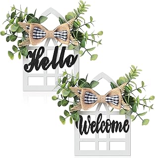 2 Pieces Farmhouse Window Tiered Tray Decorations Cathedral Arch Window Sign Wood Hello Welcome Sign Decor Farmhouse Home Supplies for Tiered Tray Shelf Table Counter
