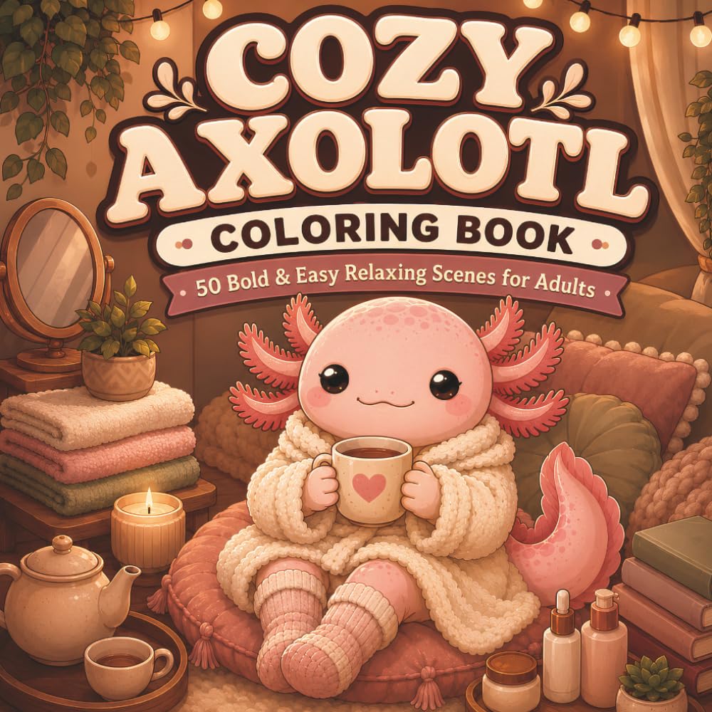 Cute Axolotl Coloring Book For Adults: 50 Bold and Easy Relaxing Scenes Featuring Adorable Axolotls, Cozy Hobbies, and Comforting Everyday Moments