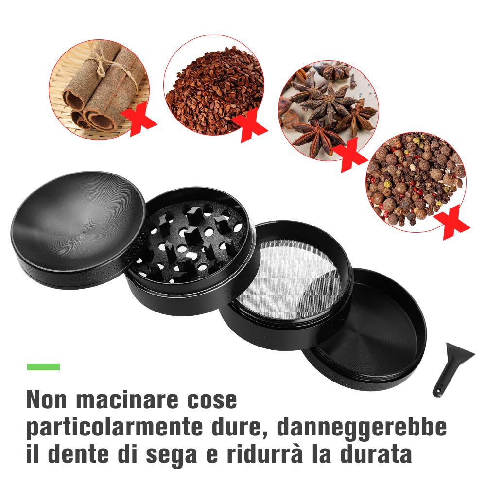 Anpro Grinder 55 mm Spezie Macina Tritino 4 Pezzi Spezie Grinder in Metallo con Setaccio per Polline, Coperchio Magnetico e Raschietto, Nero