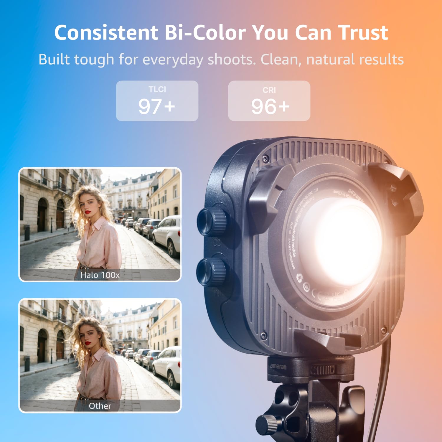 amaran Halo 100x 100W Bi-Color COB LED Videoleuchte, 4.890 Lux @1m, Ultra-Kompakt, Bowens Mount, USB-C PD & DC Netzteil, CRI 96+, TLCI 97+, DMX & App-Steuerung