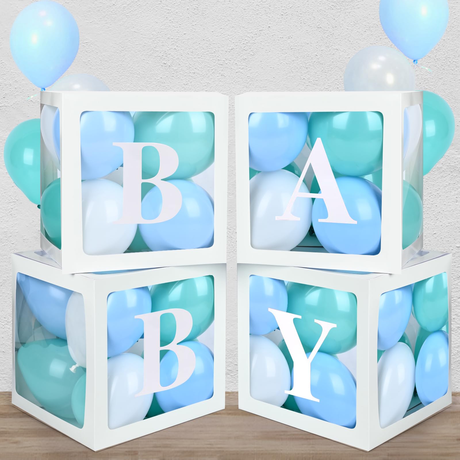 Baby Boxes with 4 Letters,40 Blue Balloon for Baby Shower Decorates,4 pcs clear Balloon Boxes BABY Blocks for Boys Birthday Party Decoration