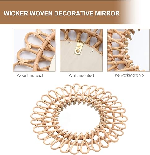 Miniatura 4 de HEMOTON Espejo de ratán redondo de mimbre espejo decorativo montado en la pared marco de madera de arte espejo sala de estar dormitorio baño