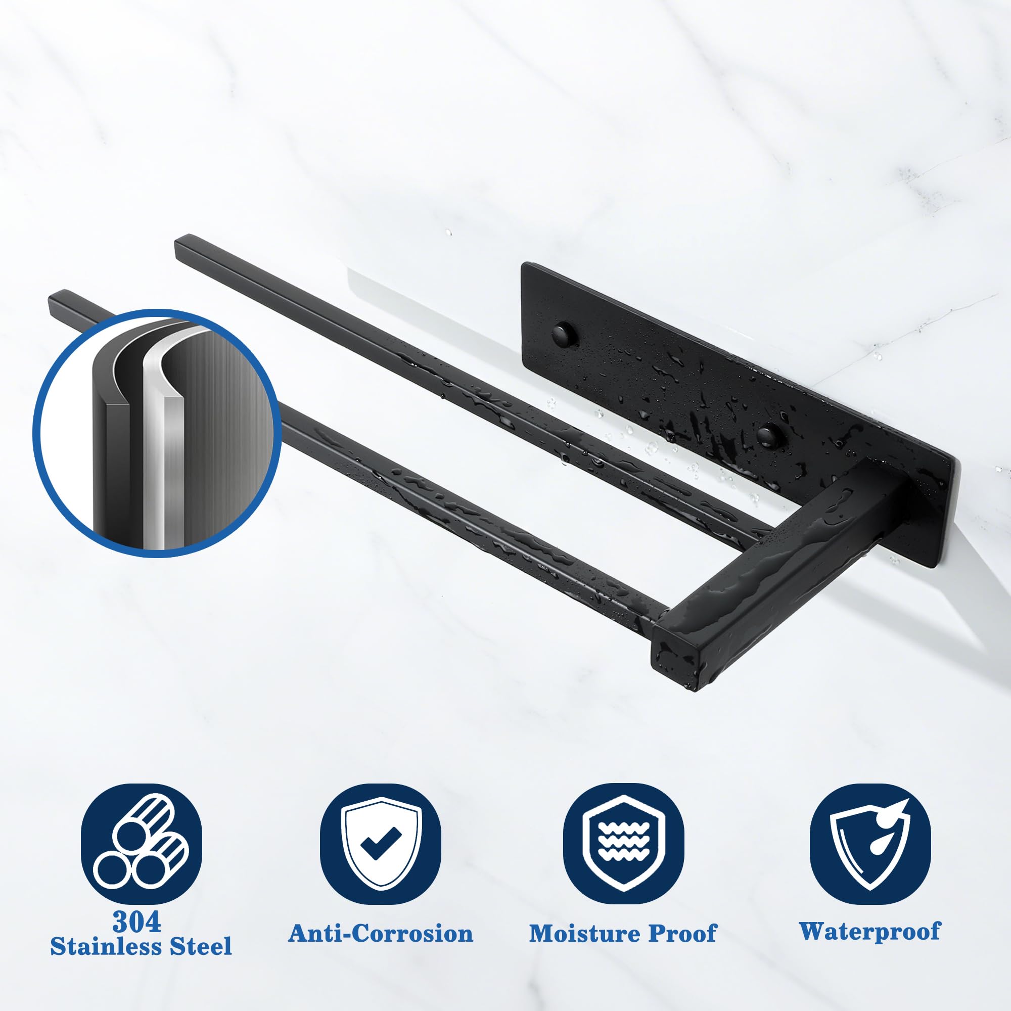 Mooche Porte Serviette sans Perçage Salle de Bain 30 CM, 2 Barre Porte Serviette Pratique, Support Serviette Mural en Acier Inoxydable pour Cuisine/Lavabo/Toilette, Perçage/Adhésif, Noir