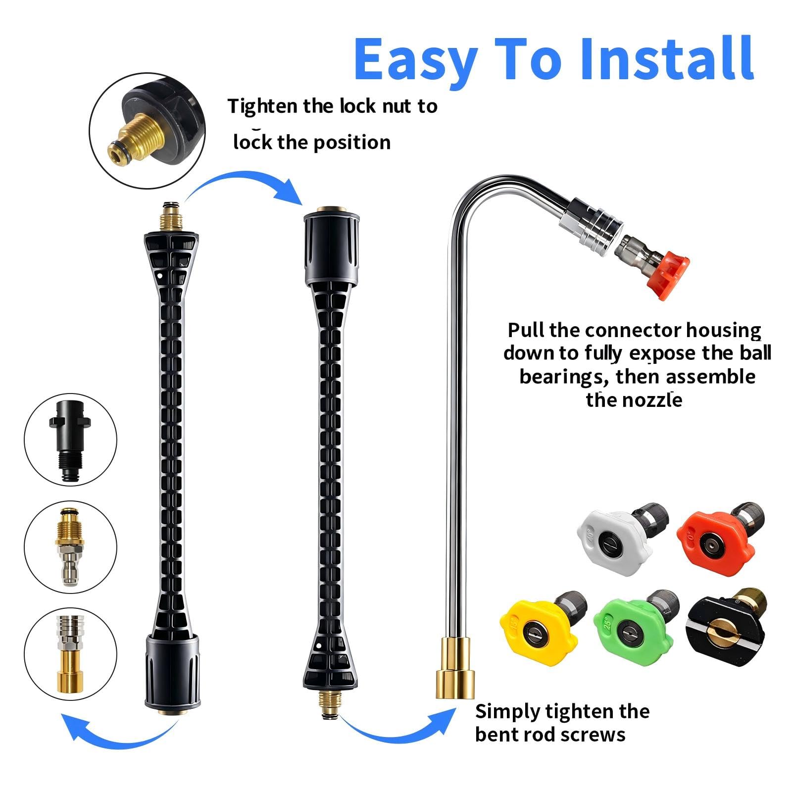DERASL 4000PSI Varilla Extensión Alta Presión, 6 Packs Herramienta Limpieza Canalones Varilla Extensión con 5 Boquillas, Conexión Rápida 1/4", Adaptadores Plástico