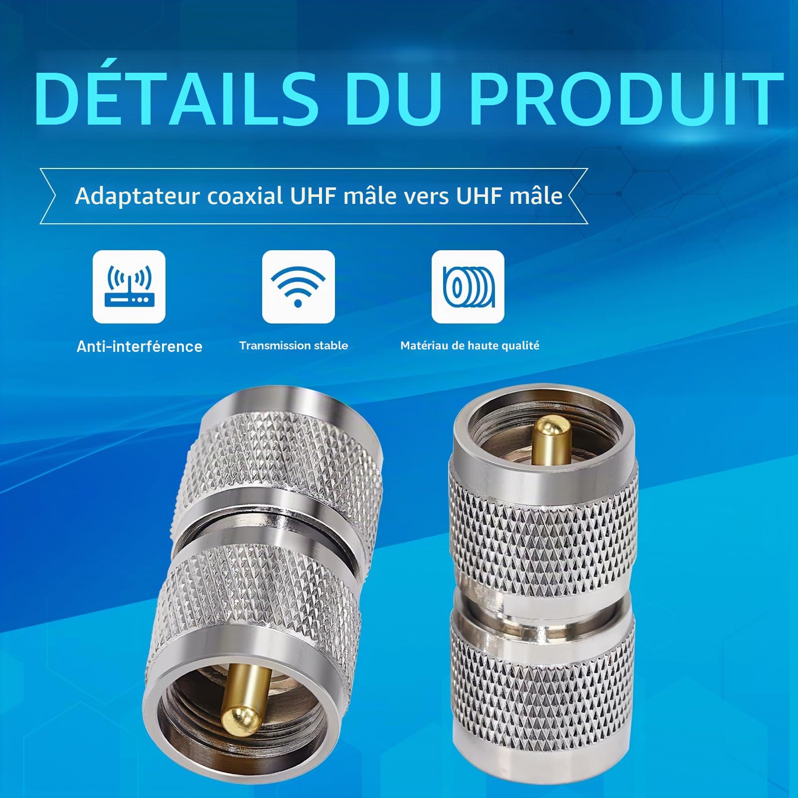 TUOLNK Connecteur coaxial UHF PL259 UHF mâle vers UHF mâle Adaptateur coaxial PL-259 connecteur pour câble d'extension 2 pièces