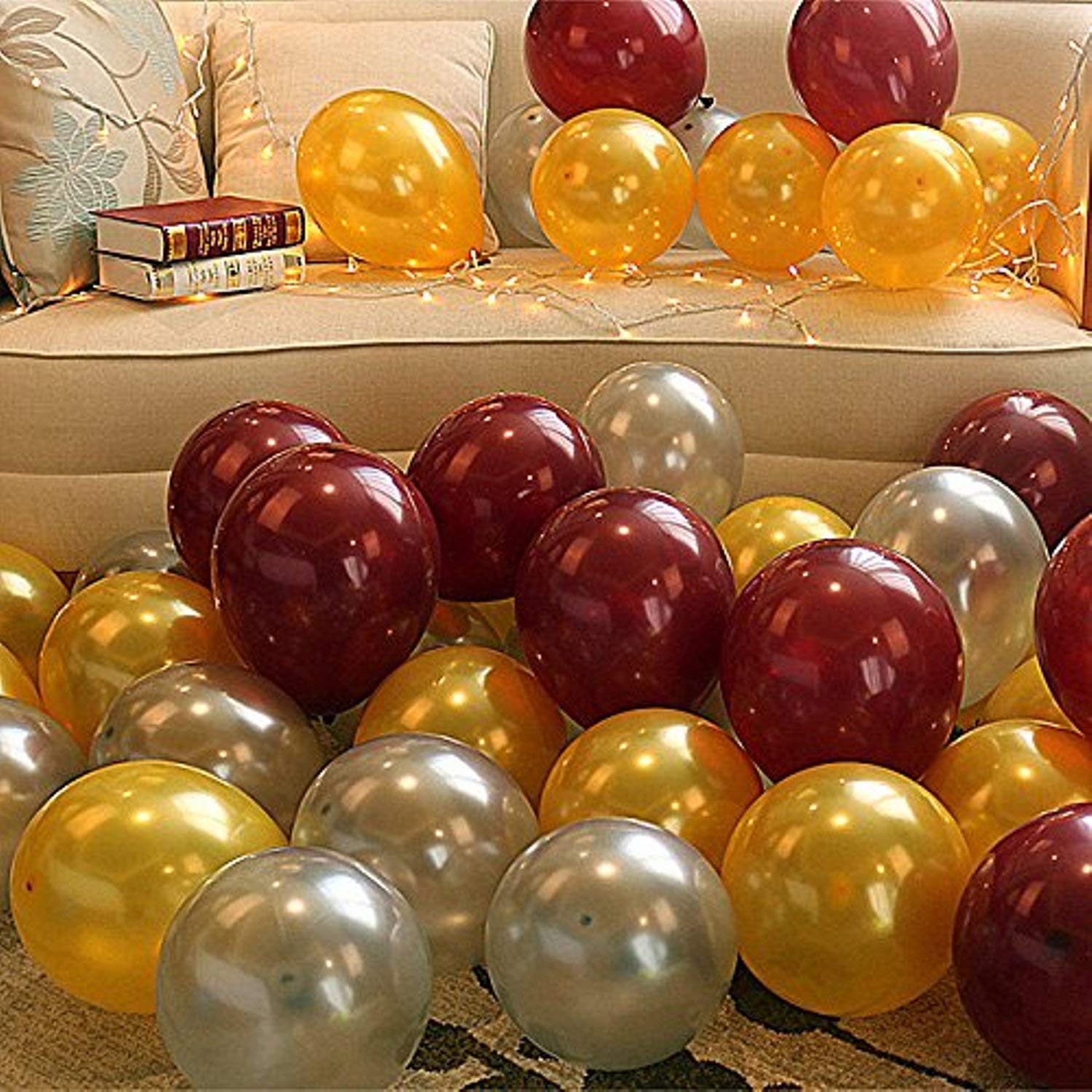 Rozi Decoration Burgundy Natural Latex Metallic Hd Party Balloons For Birthday Anniversary Baby Shower Gold Silver, Pack Of 50 Piece