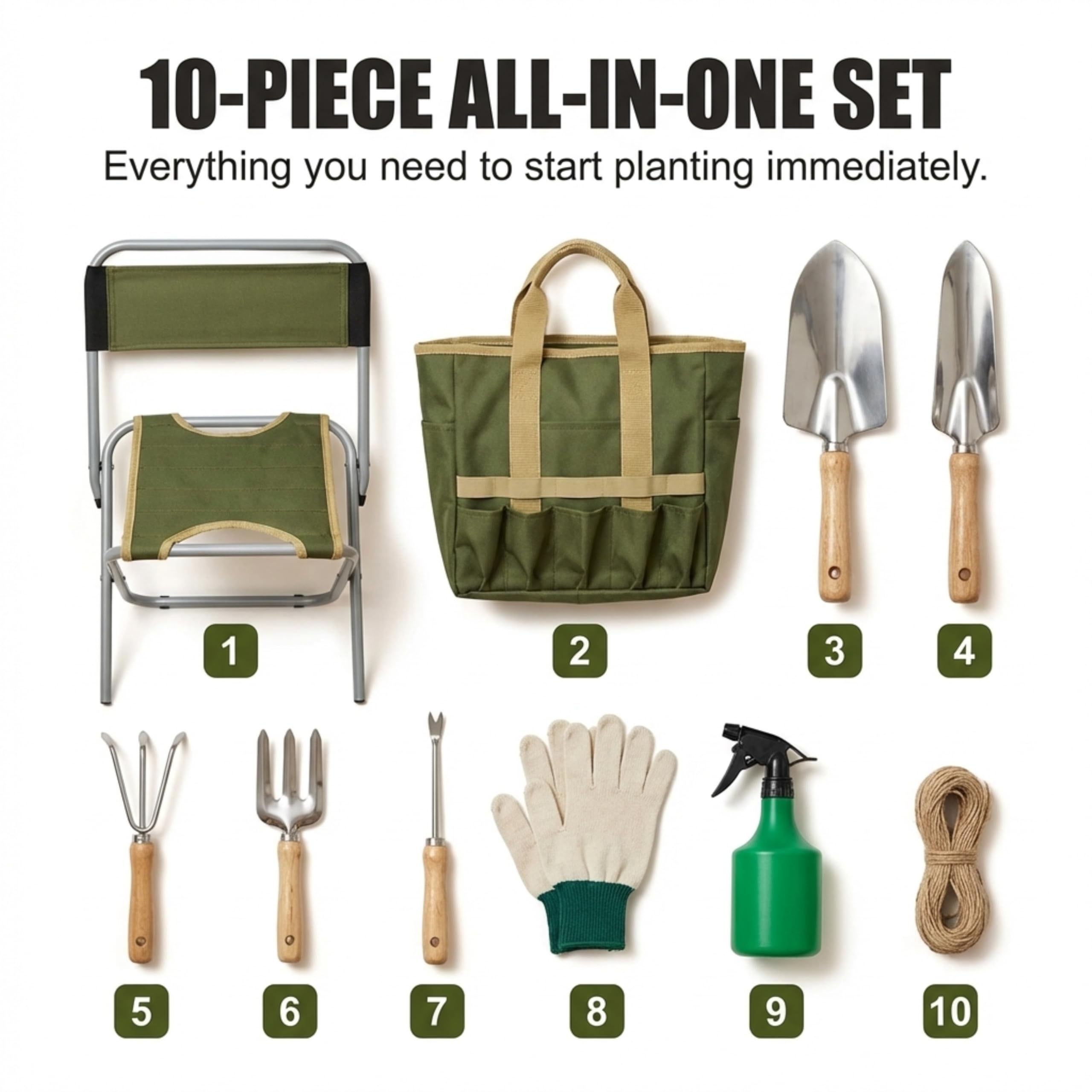 Bo-Toys - Set di 10 attrezzi da giardinaggio con borsa staccabile con cerniera e sgabello pieghevole con schienale