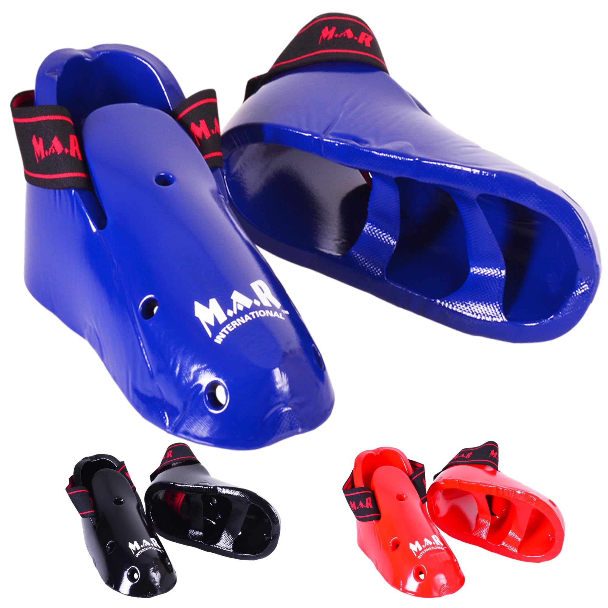 MAR | Martial Arts Foot Protector for Karate Kickboxing, Muay Thai, K1 & Taekwondo| Vinyl Dipped Foam Kick Boots Elasticated Toe Loops & Secure Strap Men, Women & Kids Red, Black Blue (Blue, S)