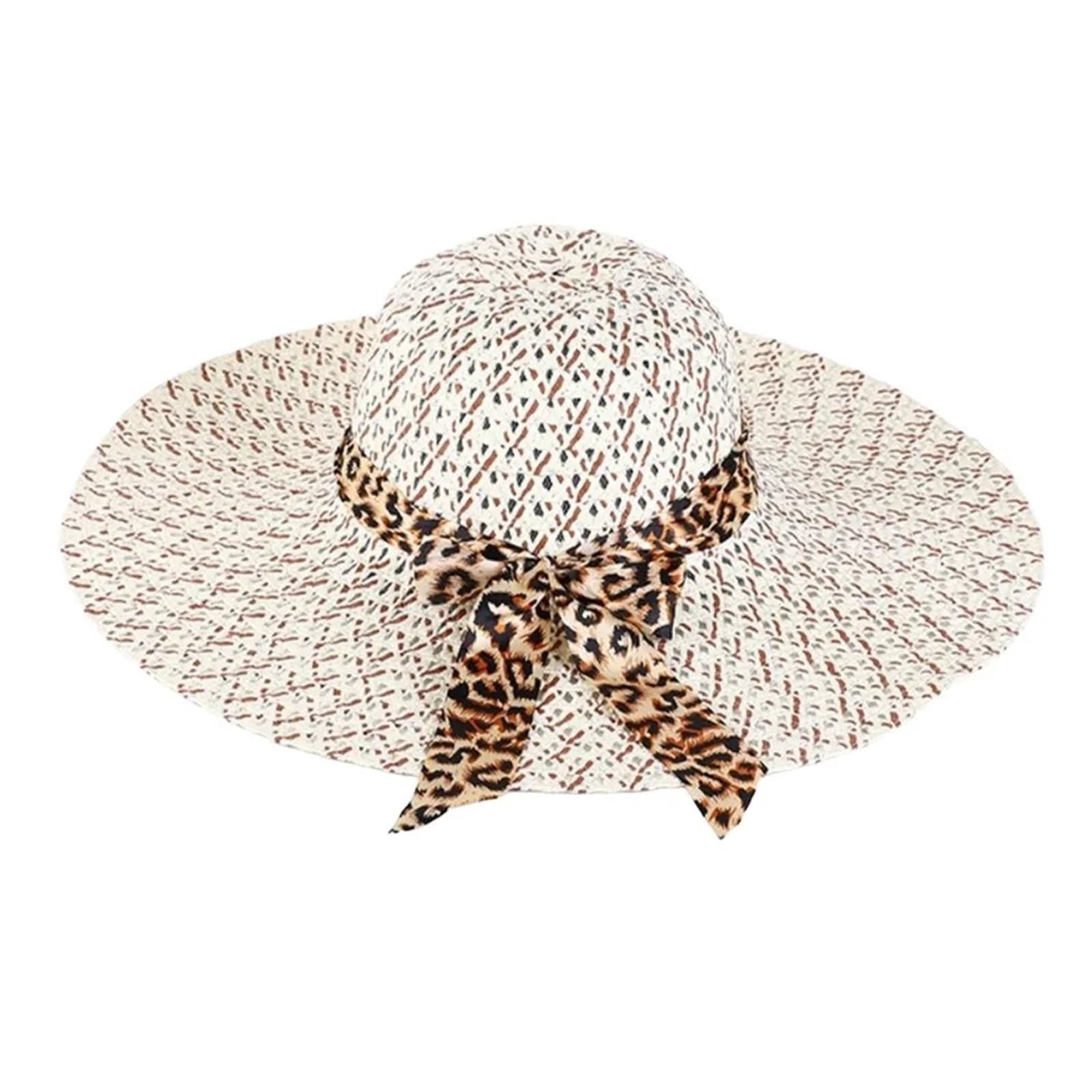 MRKU Summer Sun Hat Big Brim Protection Bowknot Straw Casual Breathable Panama Cap Travel