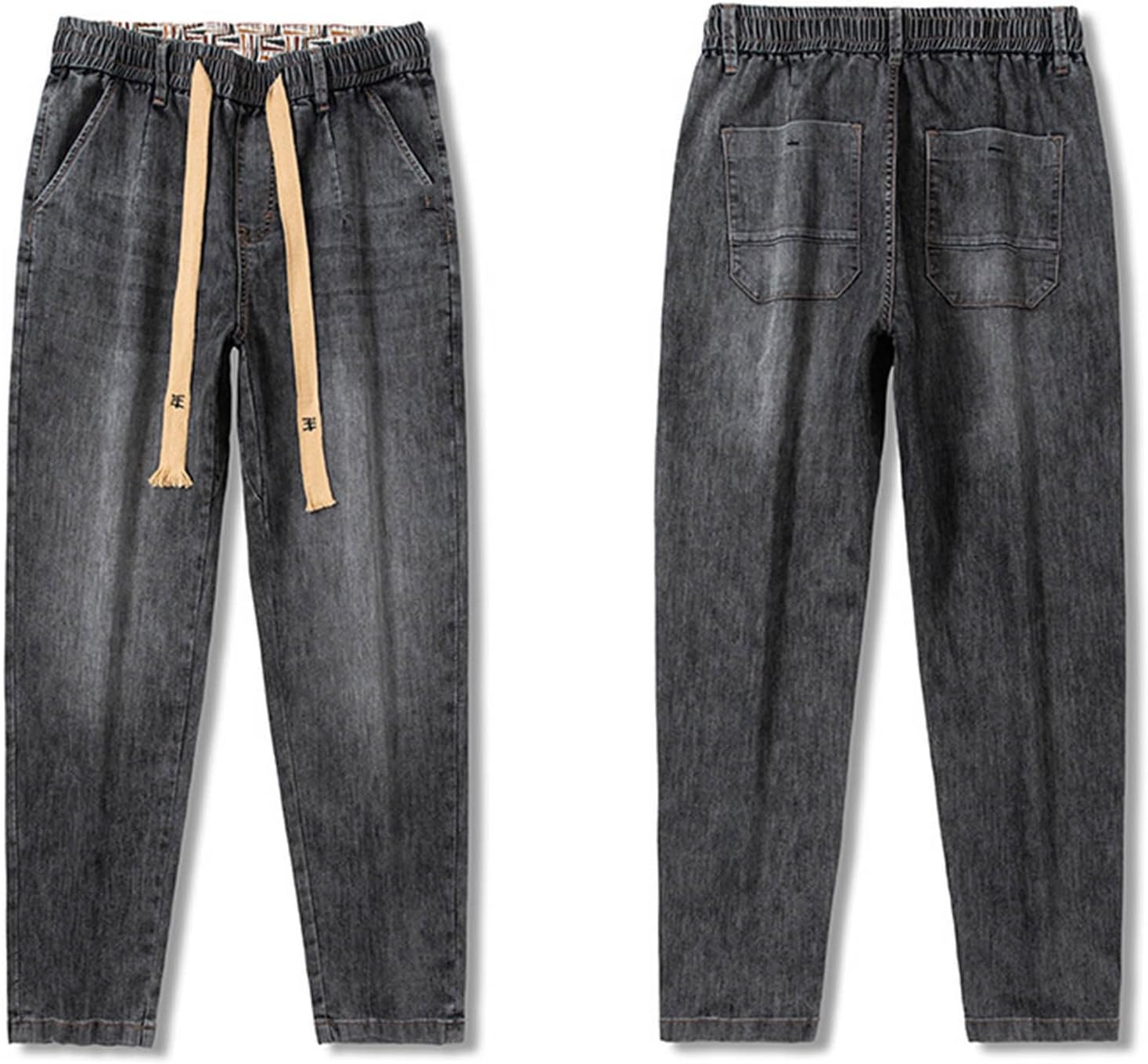 Men's Drawstring Faux Denim Pants Relaxed Fit Elastic Waist Casual Jeans Breathable Lightweight Straight Leg Trousers