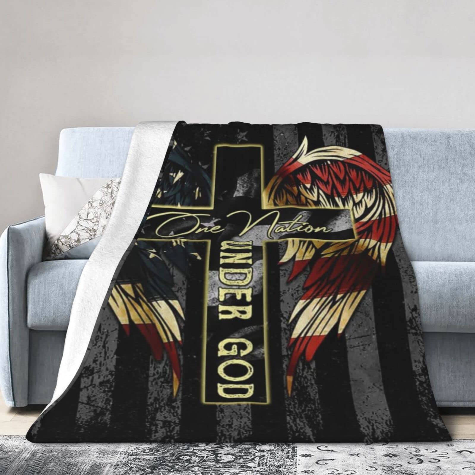Lsjuee Christmas Flannel Fleece Blanket 50"X40" One Nation Under God Bed Throw Blanket Funny Ultra-Soft Travel Winter Blankets for Boys Keep Warm