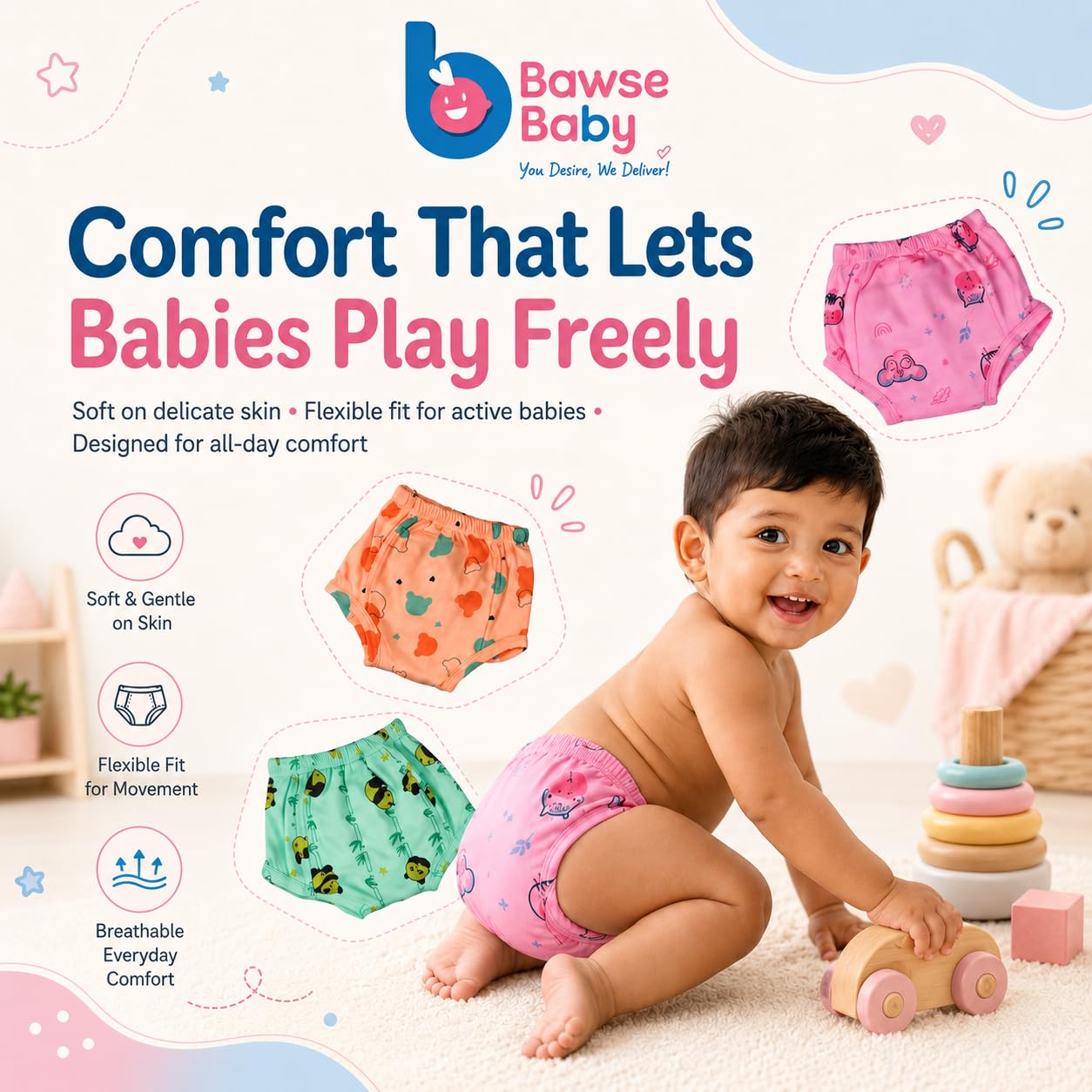 Bawse Baby Unisex Potty Training Underwear for Babies & Toddlers, Pack of 3 | 3-Layer Premium Cotton Padded Training Pants | Reusable, Soft & Breathable | Absorbent for Small Leaks | Diaper-Free Training 1
