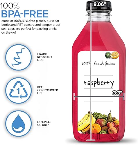 Miniatura 3 de Botellas de jugo de 32 onzas con tapas (paquete de 6) – Contenedores reutilizables de plástico transparente para mini nevera – Botellas de agua a