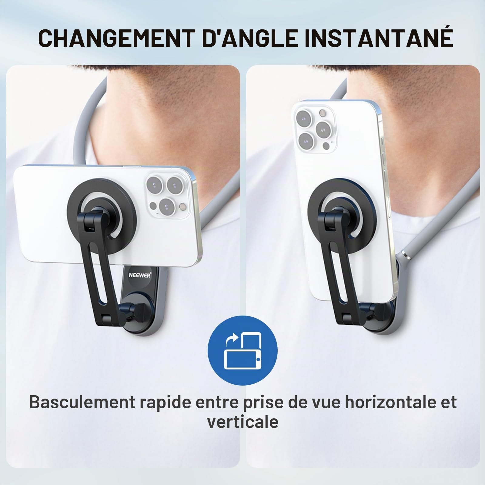 Neewer Support de Cou magnétique pour caméra/téléphone, Mains Libres,Support de Poitrine Compatible avec GoPro DJI Insta360 iPhone15 Android, Support de Cou pour téléphone pour POV Vlog, Gris, GP16