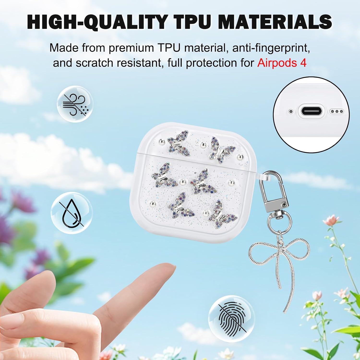 CameCosy for AirPods 4 2024 Case Cover with Bow Pendant, Silver Bead Rhinestone Butterfly Design for Women Girls Protective Shockproof Soft TPU Premium Cover for AirPods 4th Generation image 4